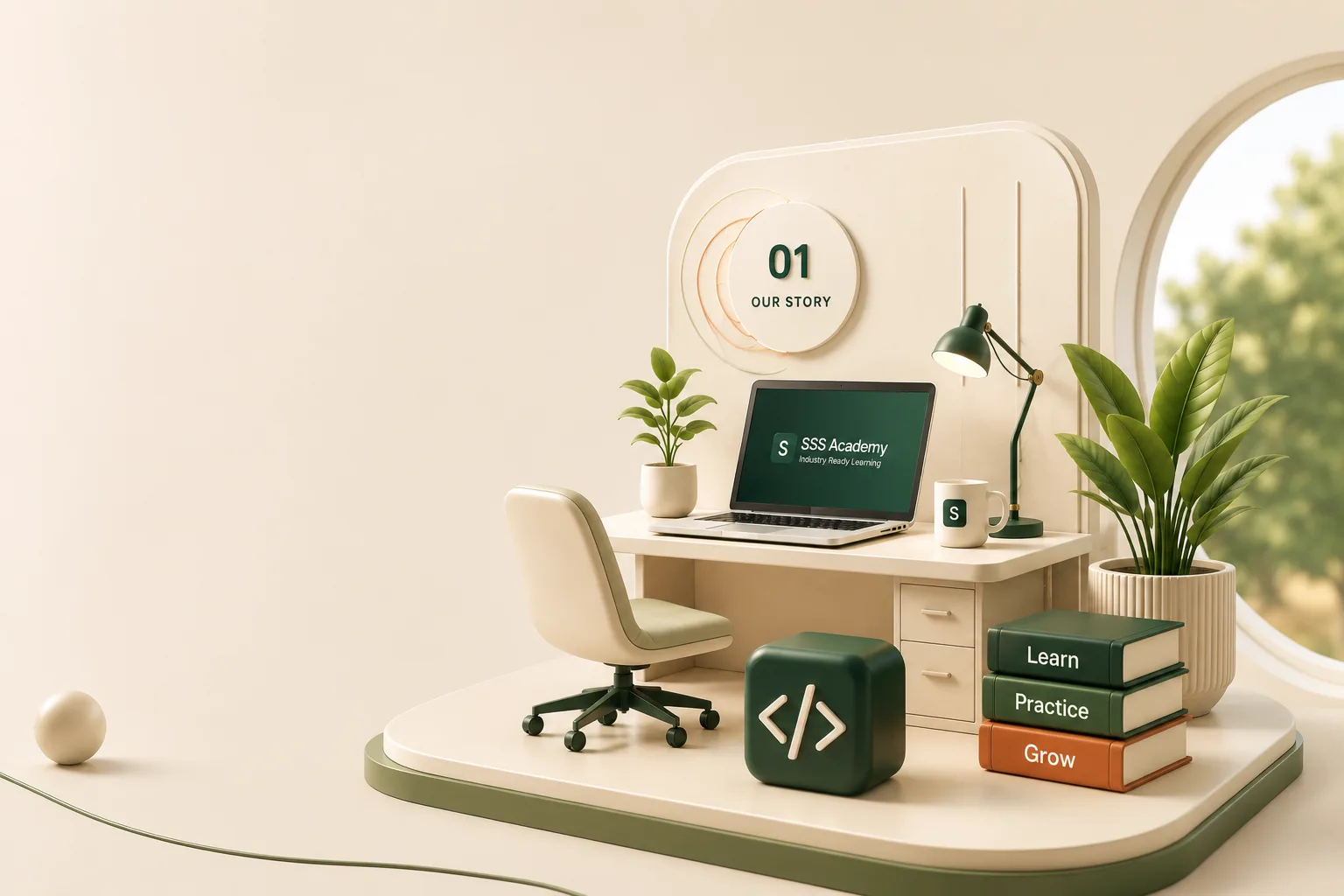 An illustrated SSS Academy workspace with a laptop, a code cube and books marked Learn, Practice and Grow