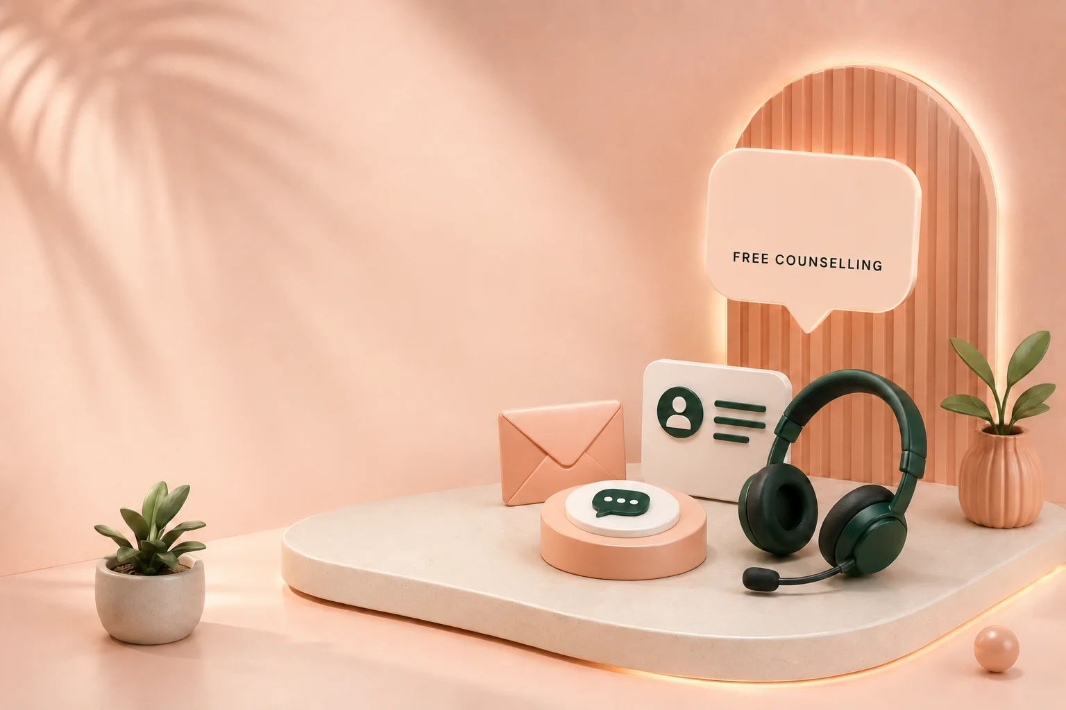 Contact illustration showing headphones, envelope and chat icons in a warm 3D scene