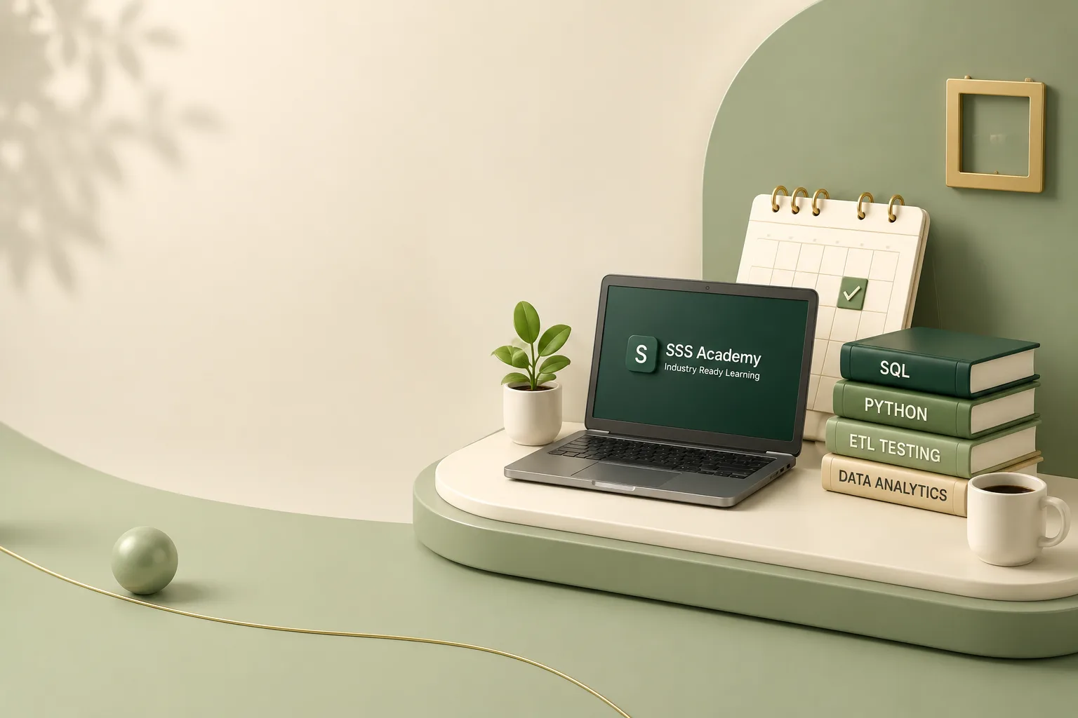 An illustrated study desk with a laptop, a calendar and stacked books labelled SQL, Python, ETL Testing and Data Analytics, beside a card noting 11 courses offered, one to three months per track, 1000+ learners supported and 26+ years of experience